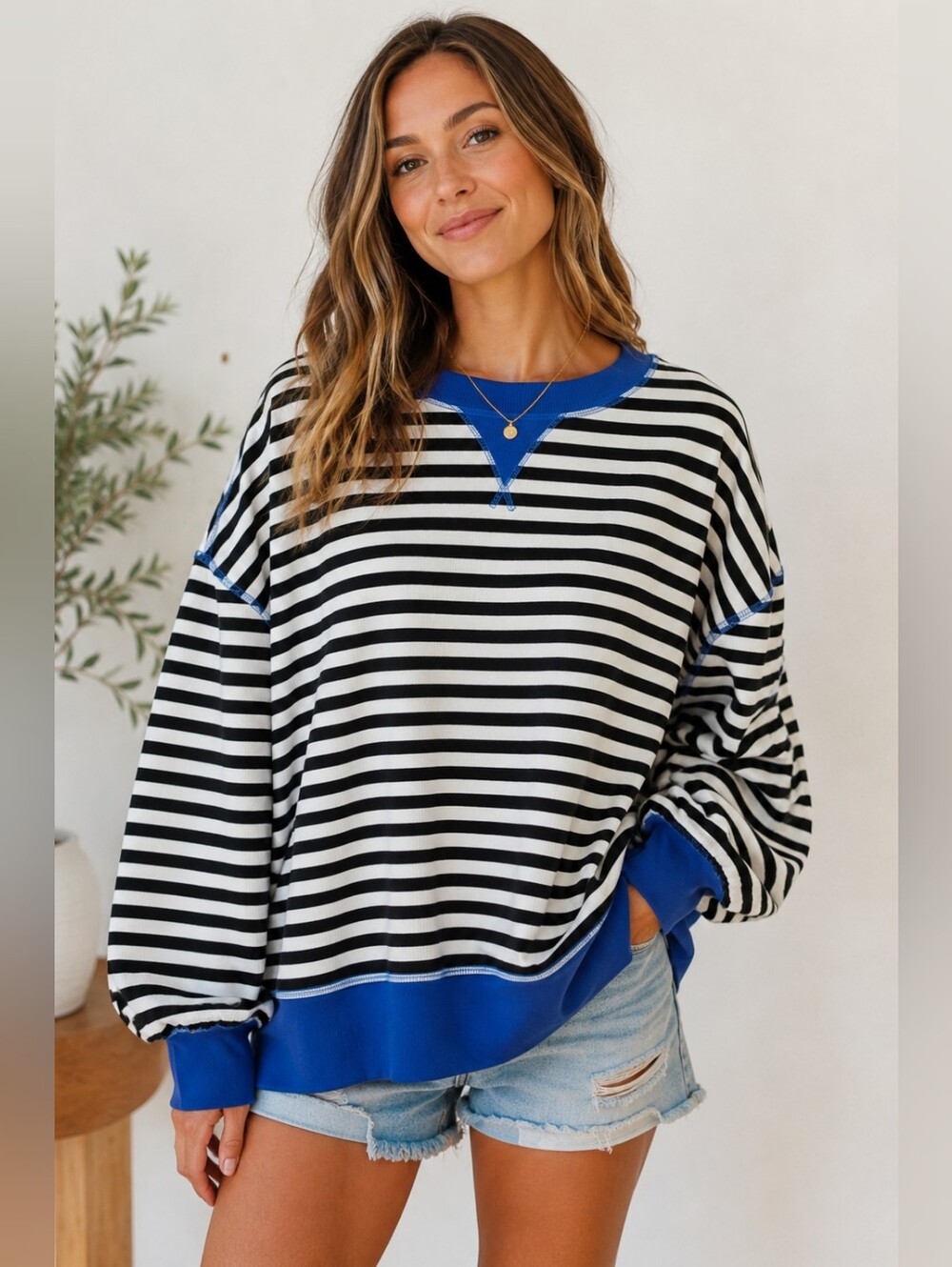 NWT New In Black White Striped Oversized Sweatshirt Blue Trim Size Large